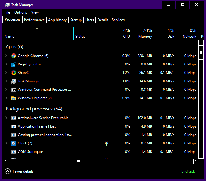 Диспетчер задач в тёмной теме через высокую контрастность
