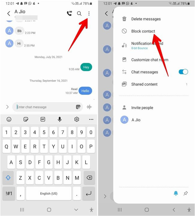Samsung: меню блокировки контакта в Сообщениях