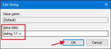 Окно редактирования значения команды с текстом defrag %1 -v