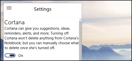 Опция для полного отключения Кортаны в настройках