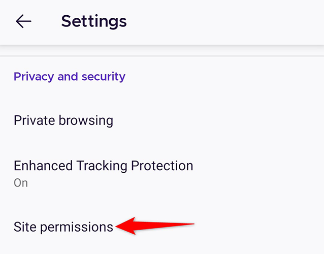 Опция «Site Permissions» в настройках Firefox на Android