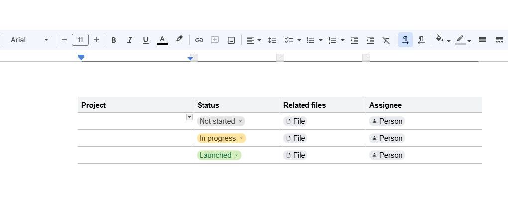 Project management document in Google Docs with Smart Chips