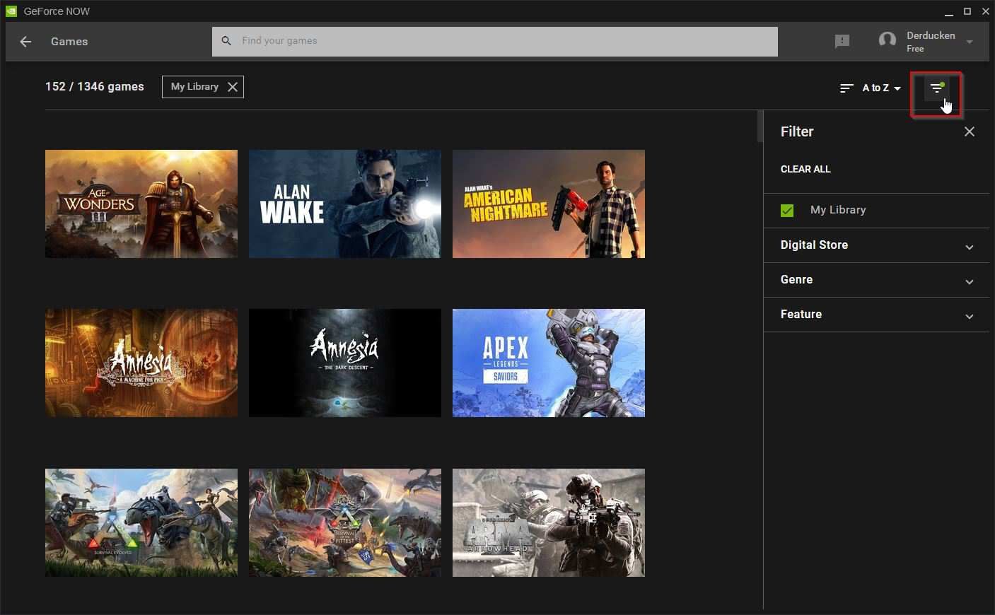 Фильтры библиотеки GeForce NOW
