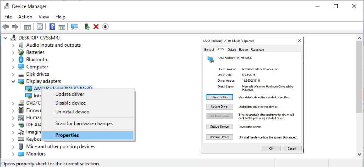 Свойства драйвера в Windows 10