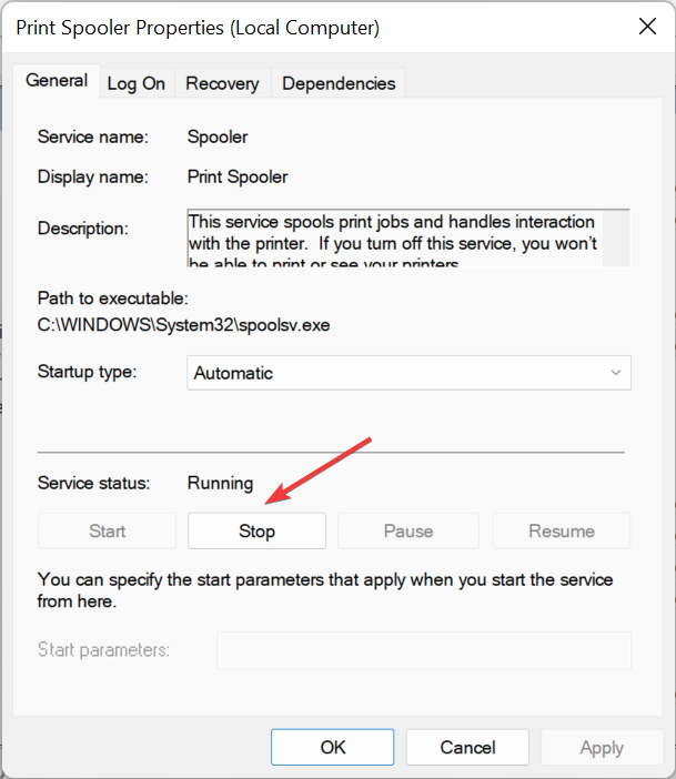 кнопка Остановить службу