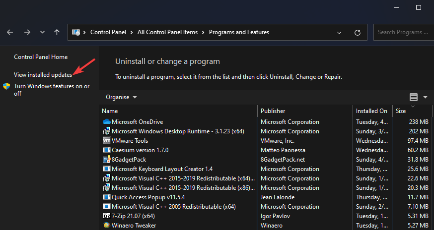 Список установленных обновлений