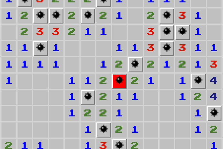Поле Minesweeper после нажатия на мину, показаны взорванные клетки и числа