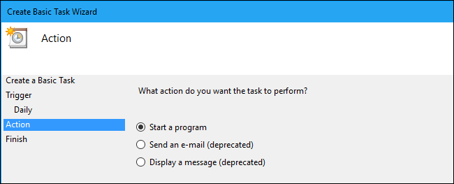Выбор действия start a program