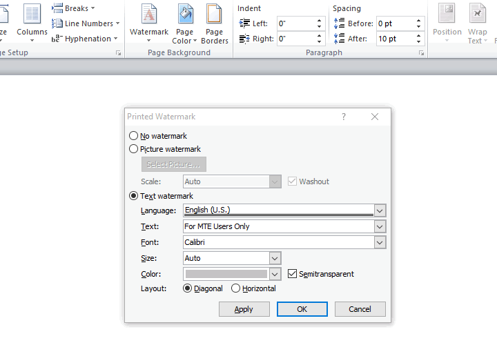Диалоговое окно «Печать водяного знака» с опциями