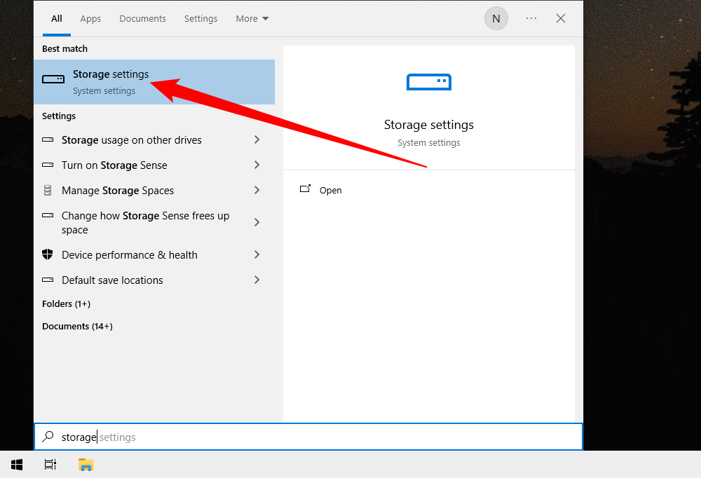 Поиск 'Хранилище', затем выберите 'Параметры хранения'.