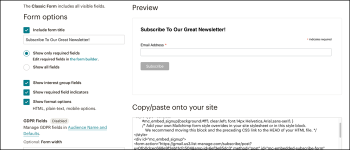 Пример формы подписки Mailchimp, встроенная в сайт