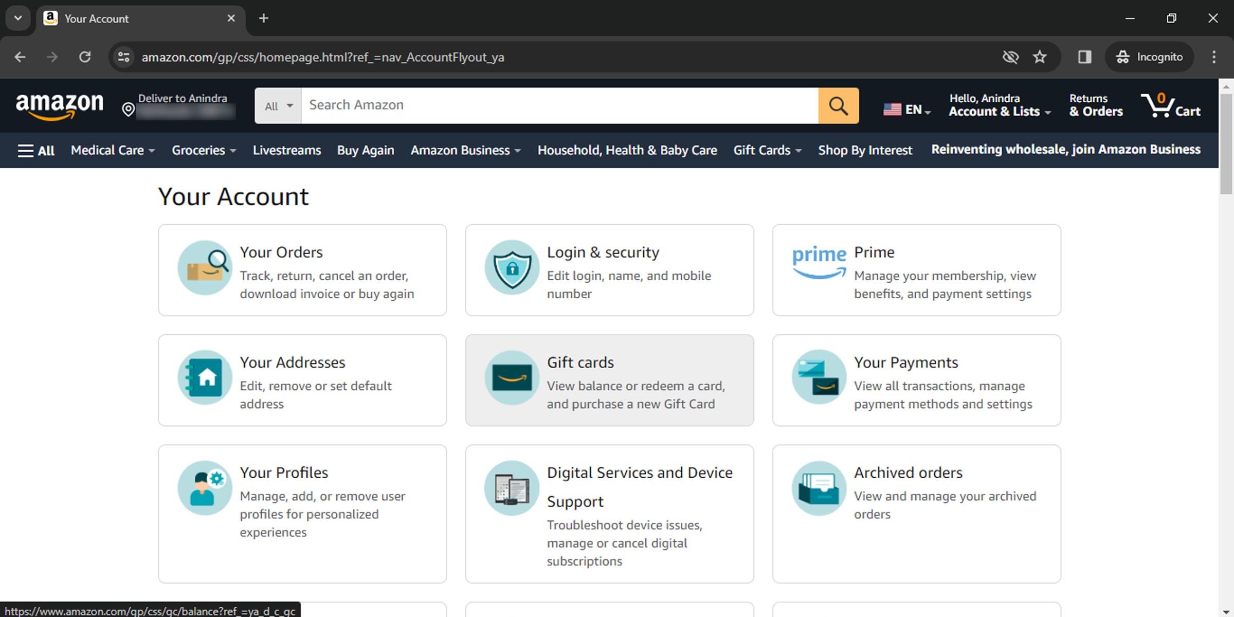 Раздел подарочных карт в настройках Amazon