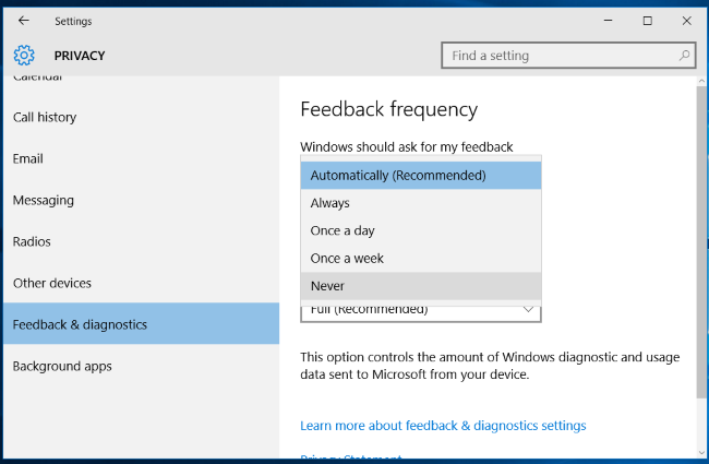 Параметры частоты обратной связи в Windows 10