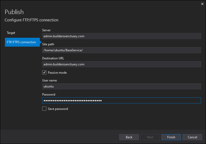 Форма ввода данных сервера FTPS: адрес, путь, логин и пароль.