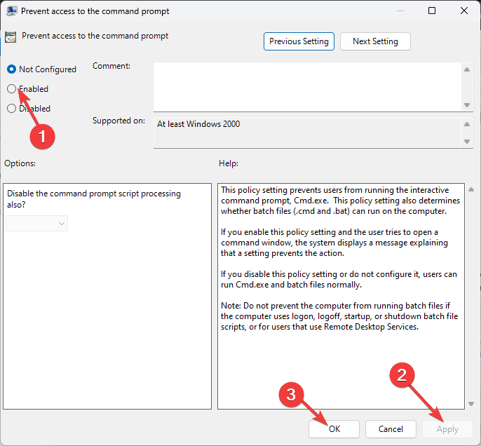 Настройка параметра в групповой политике Enabled