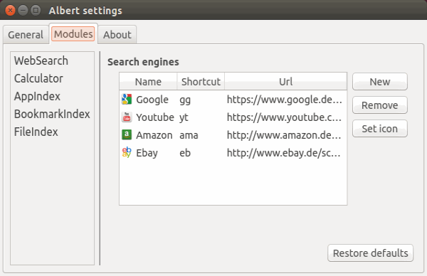 Список модулей Albert — настройки