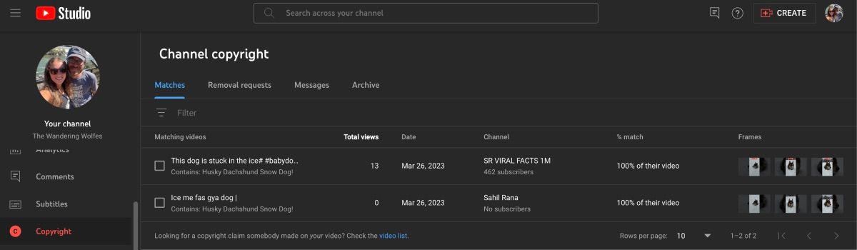Раздел «Авторские права» в YouTube Studio с перечнем совпадений