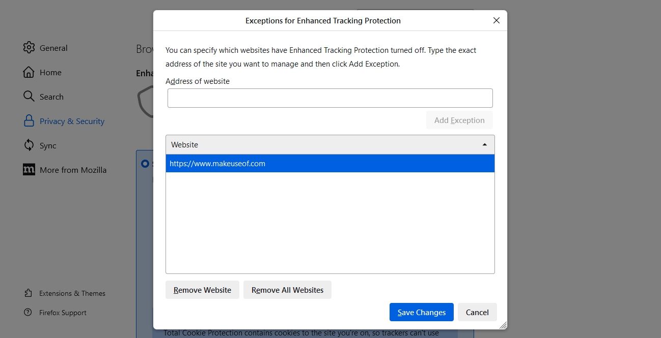 Удаление сайта из исключений в Firefox