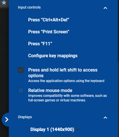 Панель опций Chrome Remote Desktop во время сессии
