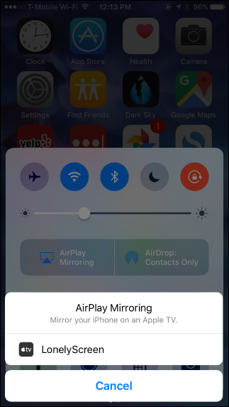 Выбор LonelyScreen в списке AirPlay на iPhone