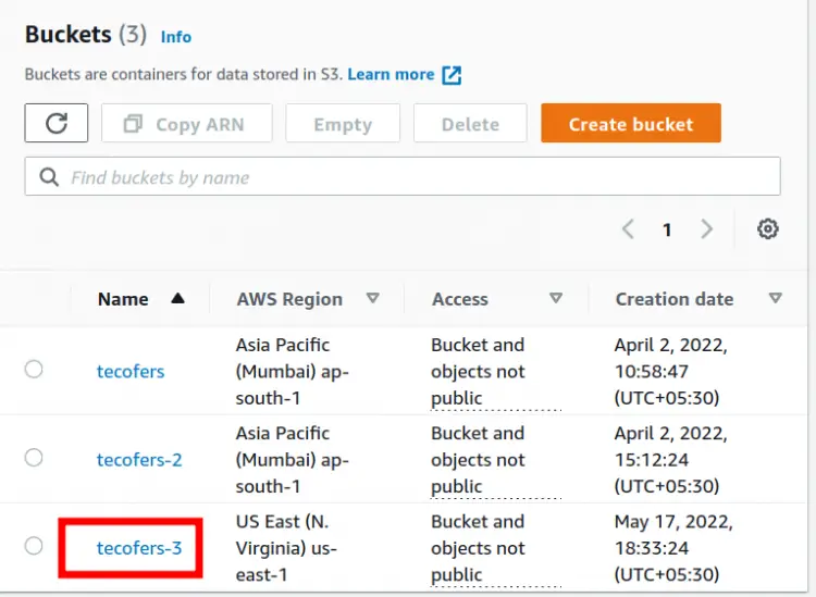 Список бакетов в консоли S3 с только что созданным бакетом и сведениями о регионе и дате создания