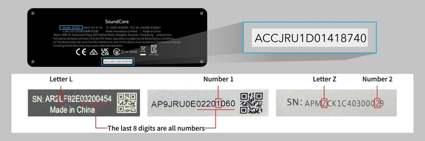 Расположение 16-значного серийного номера на колонке Anker
