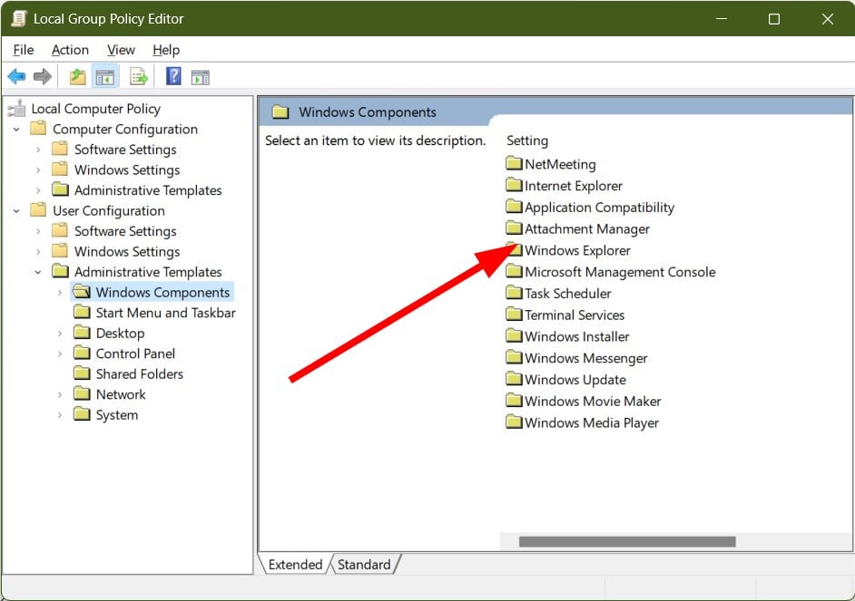 Запись Windows Explorer в шаблонах администратора