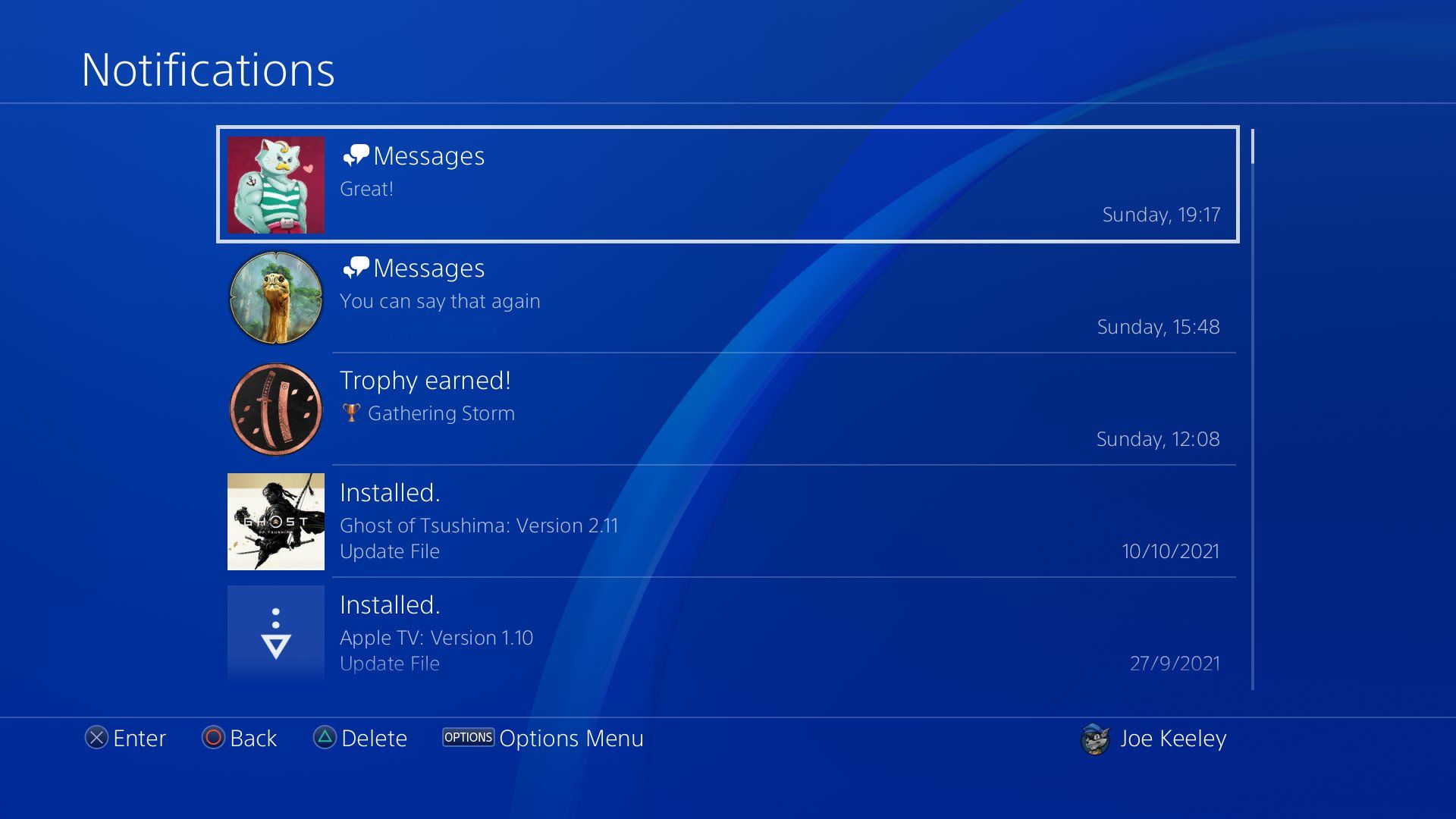 Список уведомлений PS4 — пример интерфейса