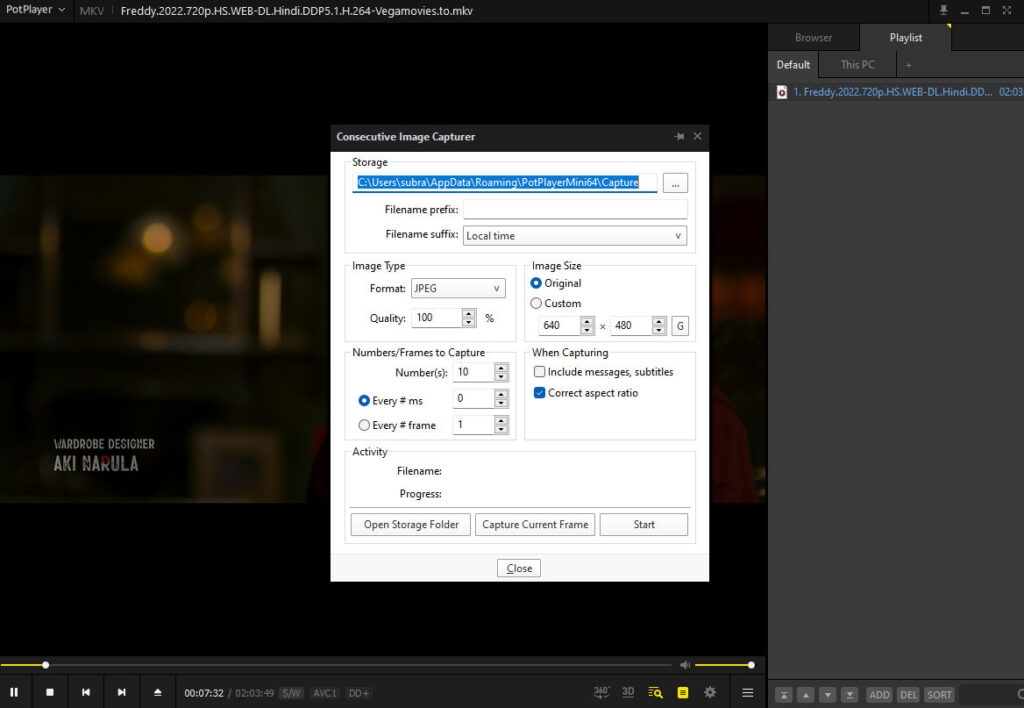 Окно серийной съёмки кадров в PotPlayer