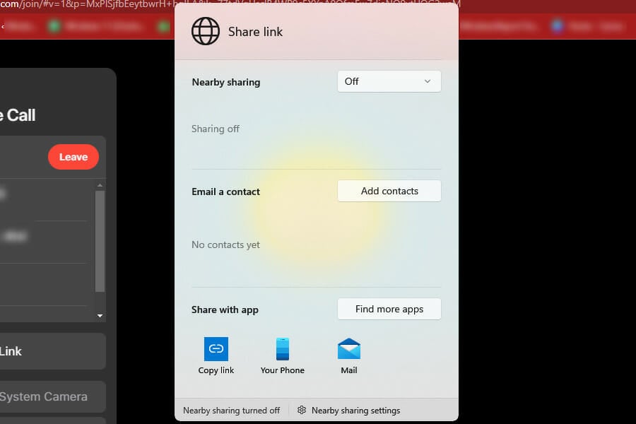 Окно выбора канала для отправки ссылки FaceTime