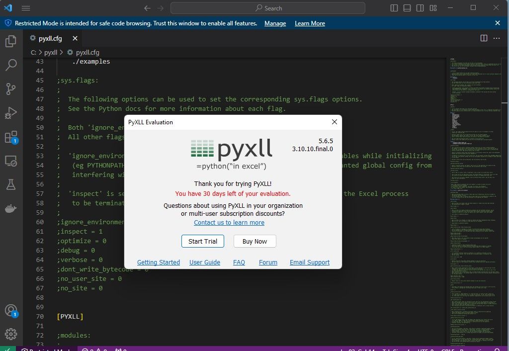 Сообщение о версии PyXLL