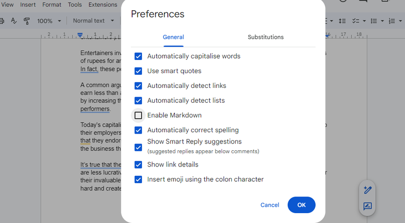 Скриншот: включение Markdown в Google Docs.