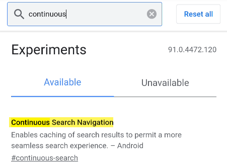 Список флагов с опцией Continuous Search Navigation выбранной в меню