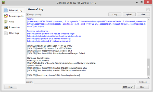 Консоль инстанса MultiMC
