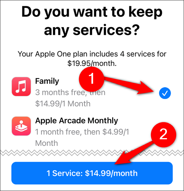 Выбор сервисов, которые вы хотите сохранить после отмены