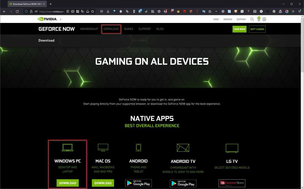 Страница загрузки GeForce NOW