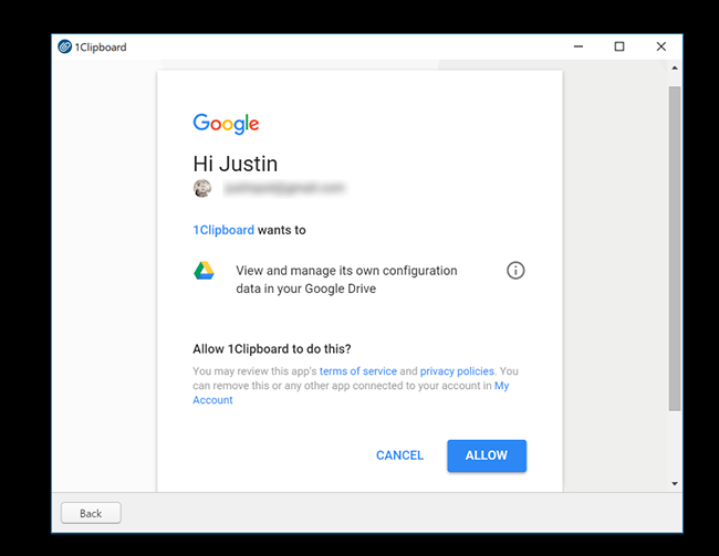 Окно входа в Google для синхронизации 1Clipboard