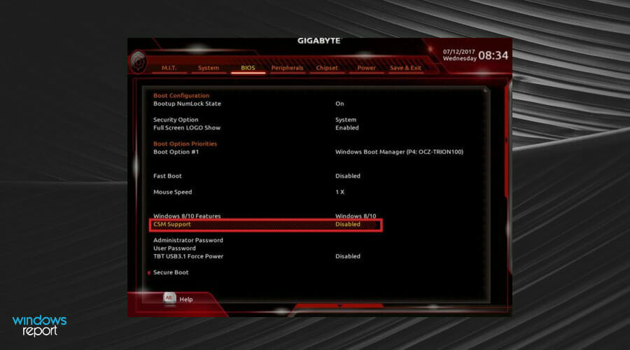 Параметр CSM Support в BIOS Gigabyte