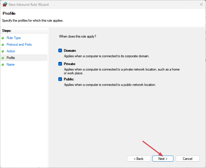 Выбор профилей для правила брандмауэра