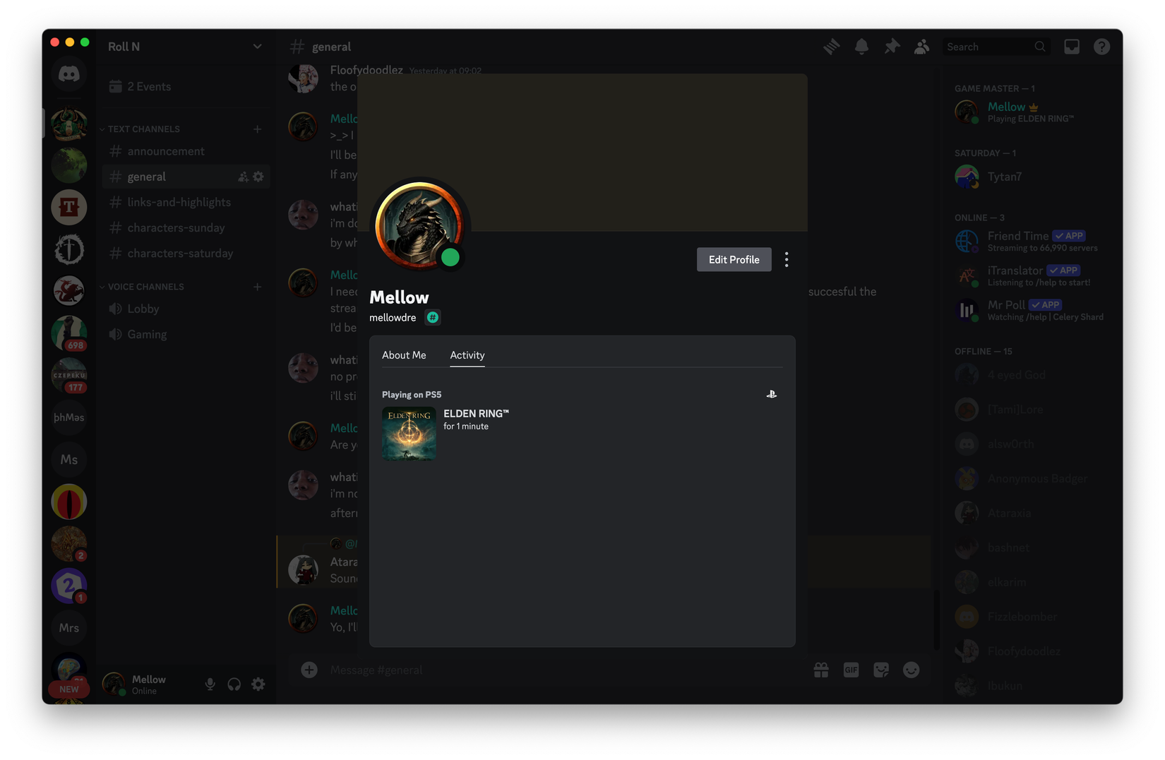 Профиль пользователя Discord, показывающий активность PS5 и Elden Ring