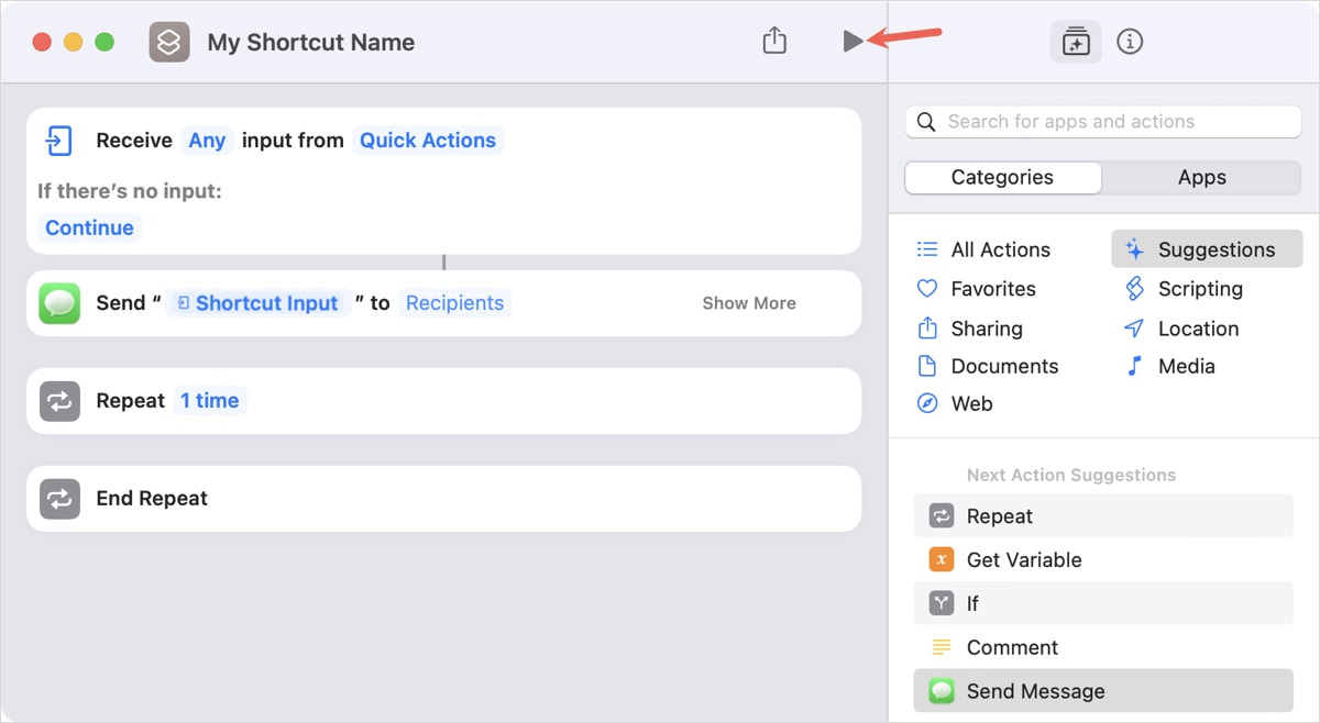 Кнопка Play в Shortcuts