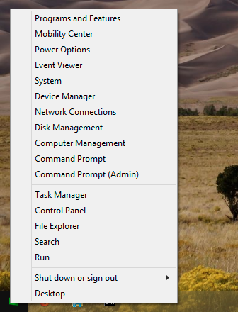 Контекстное меню кнопки Пуск с пунктами быстрого доступа