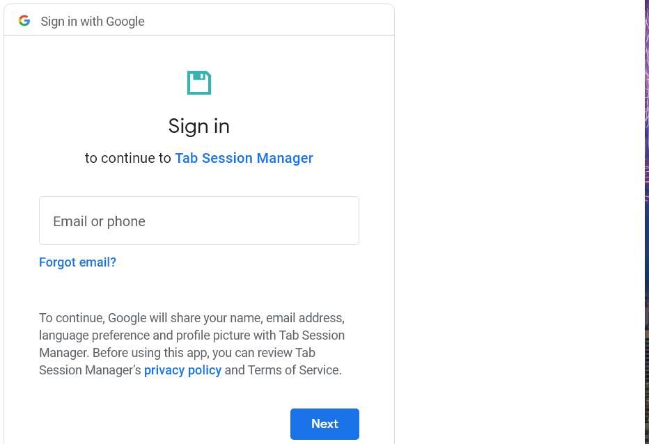 Окно входа в Google для Tab Session Manager