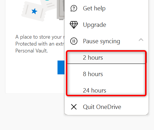 Выбор периода приостановки синхронизации OneDrive