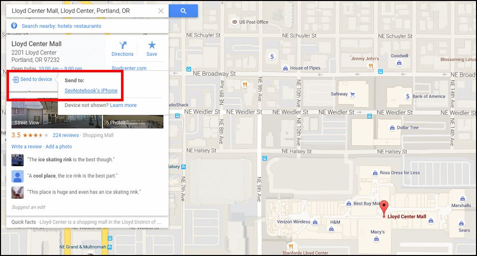 Список устройств в веб-интерфейсе Google Карт перед отправкой
