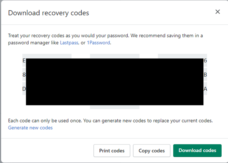 Shopify 2SA print copy or download Recovery codes