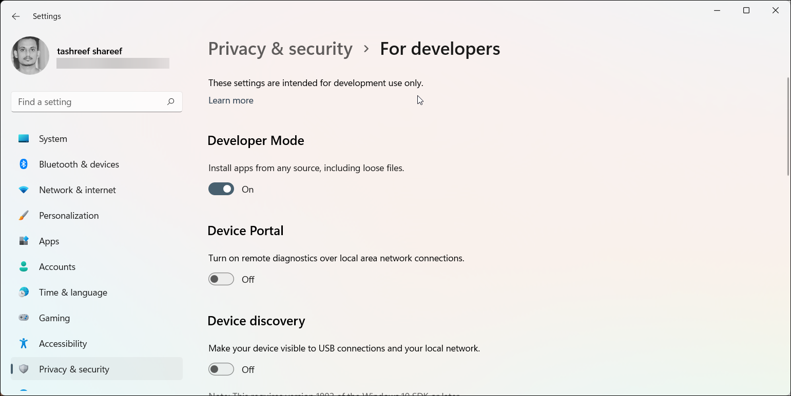 Включение режима разработчика в Windows 11