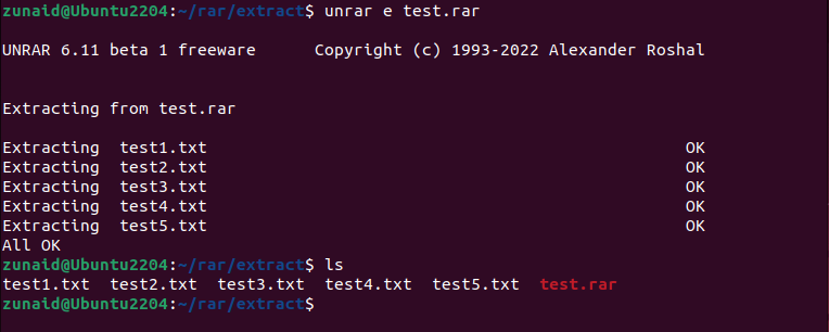 Терминал Linux, показывающий процесс извлечения архива RAR