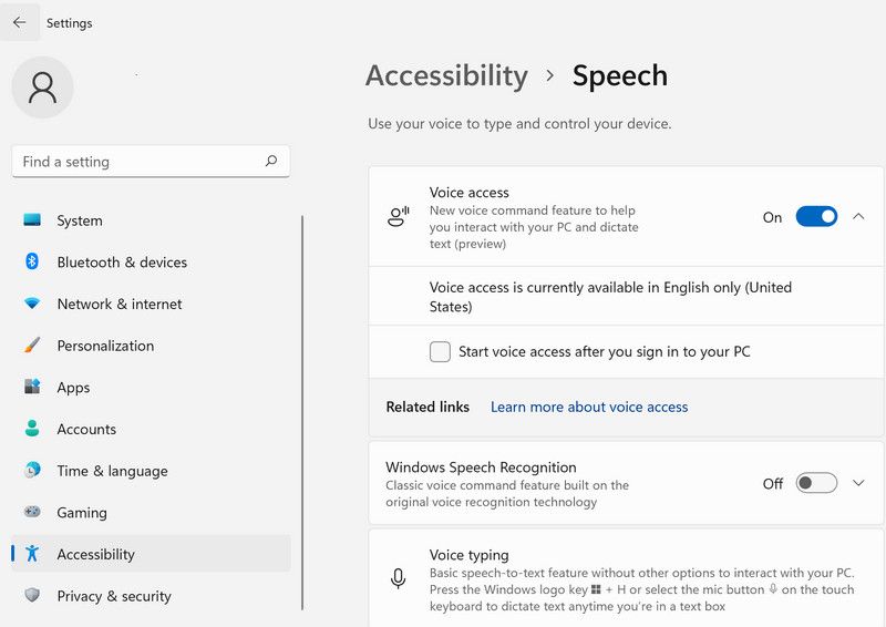 Переключатель включения Voice access в Параметрах