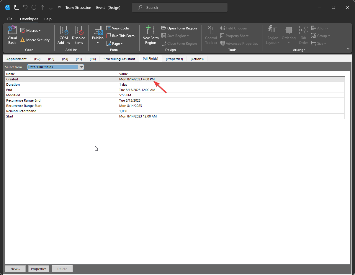 Скрытые поля события: Date Created, Modified и др.